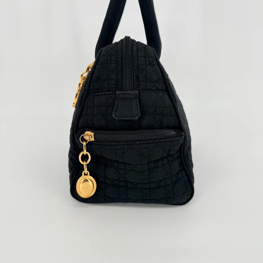 Vintage Dior Lady Dior Nylon Handbag Black Quilted Cannage Gold Charm Classic